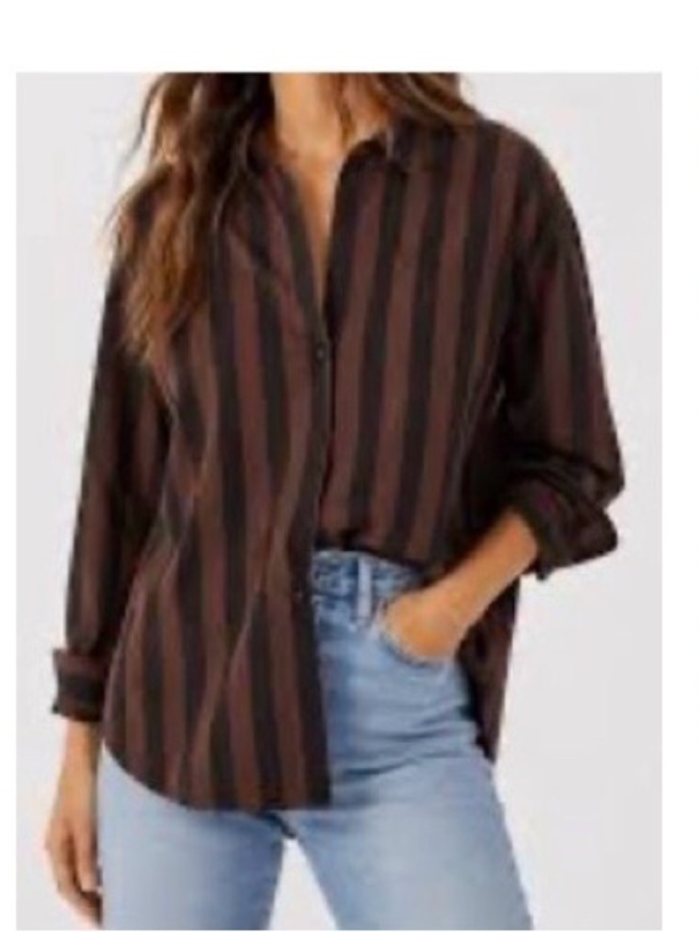 aerie Brown and Black Vertical Stripe Button-Down Shirt